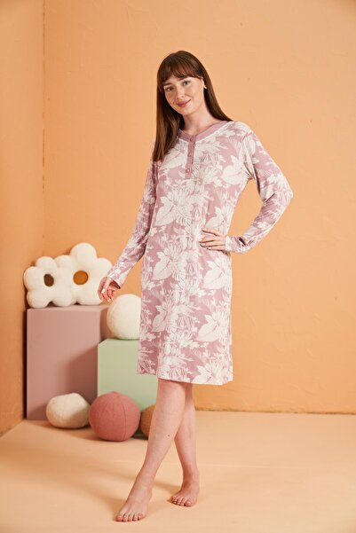 PJS Pink Viscose Nightgown - Placketed Collar Patterned Long Sleeve