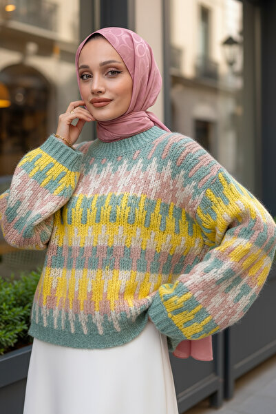 zhrcelebi سترة محبوكة بنمط عرقي 0688 - أصفر