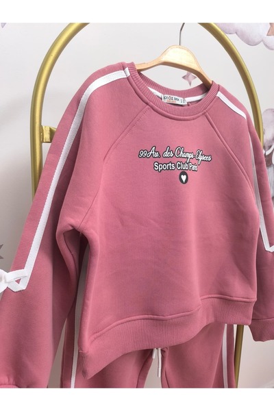 kidsense Fleece-Lined Girls' Sweatshirt Tracksuit Set with Ribbon Detail