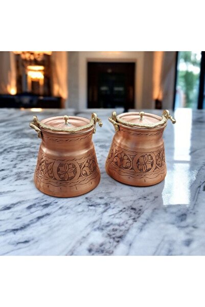 Bakır Center 2 Pieces Set of 2 Mini Copper Bakrach 0.40 Liter Carved Bakrach Spice Container Copper Helke Copper Satıl Helke