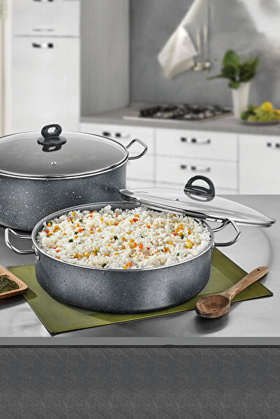 PoloChef Megatron Granit Basık Pilav Tencere Kapaklı 32 cm Gri