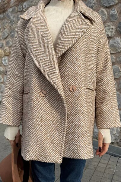 Suziş Παλτό σε χρώμα καμήλας με μοτίβο ψαροκόκαλο oversized Standard Size Coat 9526