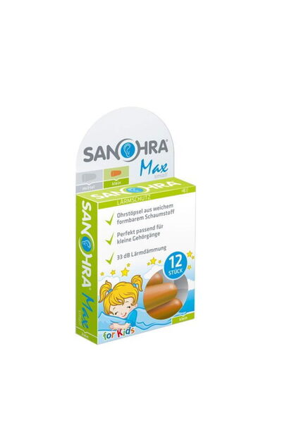 SANOHRA Max Kids earplugs — children's hearing protection, SNR 33 dB, 12 pcs, orange