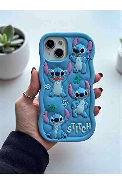 KVK PRİVACY iPhone 13 / 14 / 15 Uyumlu Stitch Desenli Kabartmalı Sevimli Silikon Kılıf