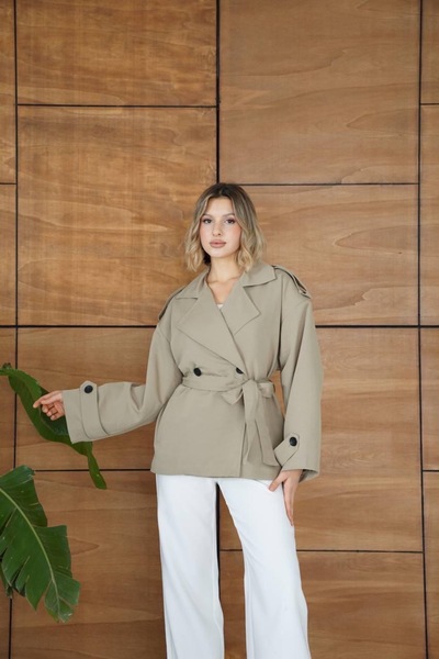 Ekim Store Tek Düğmeli Pelerinli Kuşaklı Trençkot