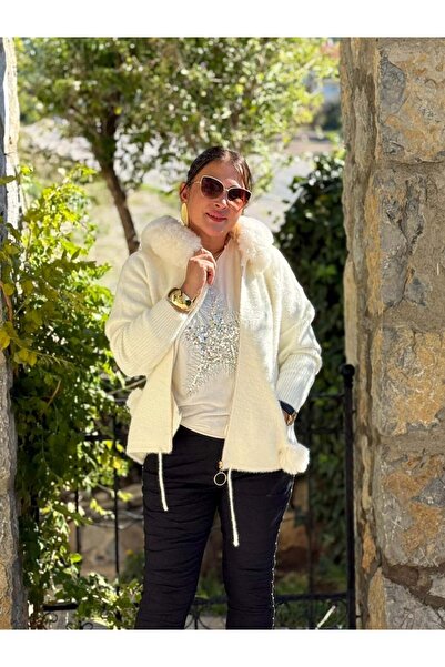 Punta Otantik Pt10670 Hooded Pocket Zippered Pompom Italian Angora Coat White