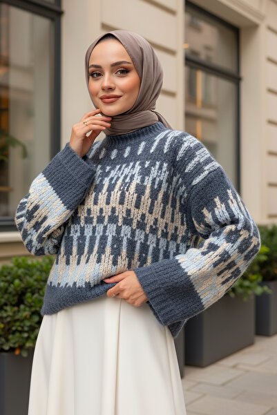zhrcelebi Ethnic Pattern Knitted Sweater 0688 - Blue