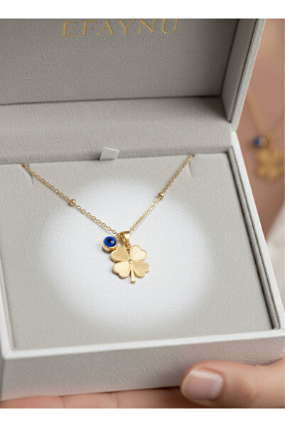 EFAYNU Nazar Beaded Clover Necklace |   Non-Tarnish Steel 45 cm Lucky Necklace Women's Jewelry Gold''