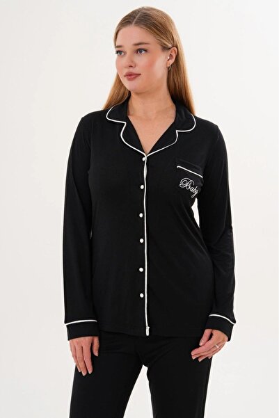 Lohussa Women's Black Piped Special Design Front Buttoned Maternity Pajama Set