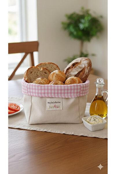 Mufincollection |   Multi-Purpose Pink and White Plaid Cloth Basket |   Bread Basket & Organizer