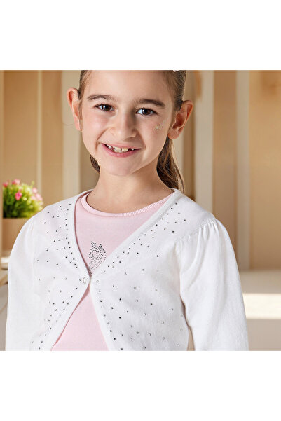 Juniors Embellished Cardigan with 3/4 Sleeves and Button Closure