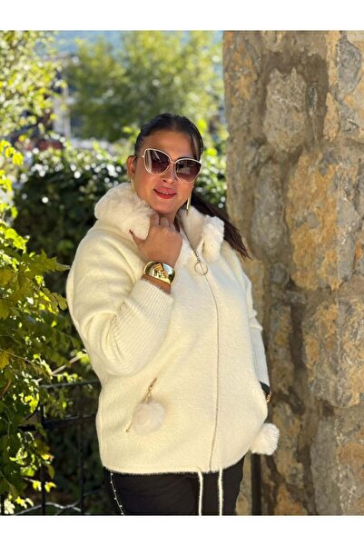 Punta Otantik Pt10670 Hooded Pocket Zippered Pompom Italian Angora Coat White