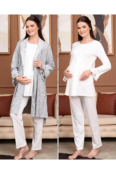 Bone Club 5706 Ekru Jakarlı 3Lü Hamile Lohusa Pijama Sabahlık Tk