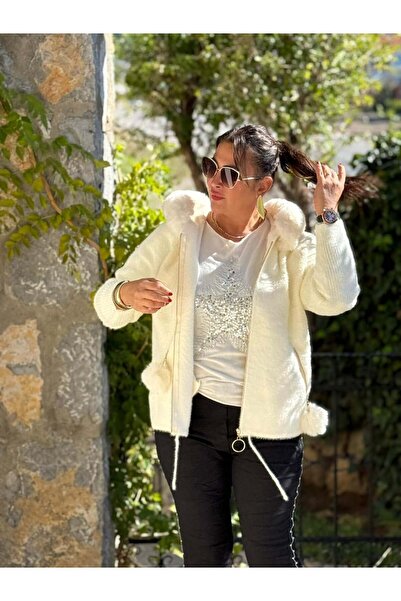 Punta Otantik Pt10670 Hooded Pocket Zippered Pompom Italian Angora Coat White