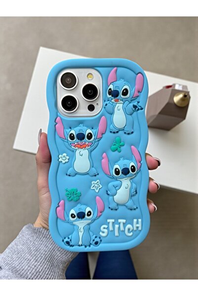 KVK PRİVACY iPhone 16 Pro Max Uyumlu Stitch Desenli Kabartmalı Sevimli Silikon Kılıf
