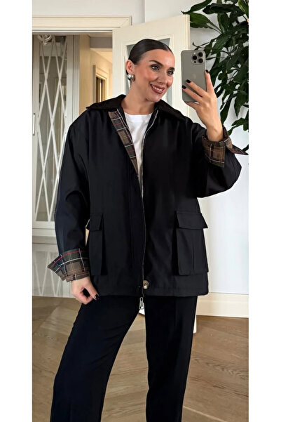 Mzr Collection KADIN KADİFE YAKA EKOSE ASTARLI CEKET