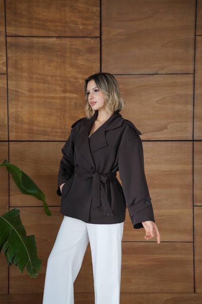 Ekim Store Tek Düğmeli Pelerinli Kuşaklı Trençkot