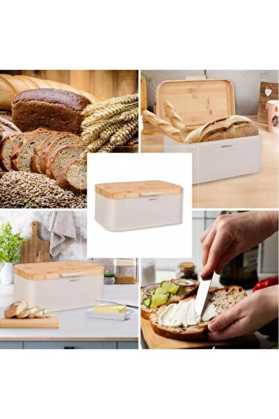 Kinghoff Bread box, beige, with bamboo lid, 30 × 20 × 14 cm,