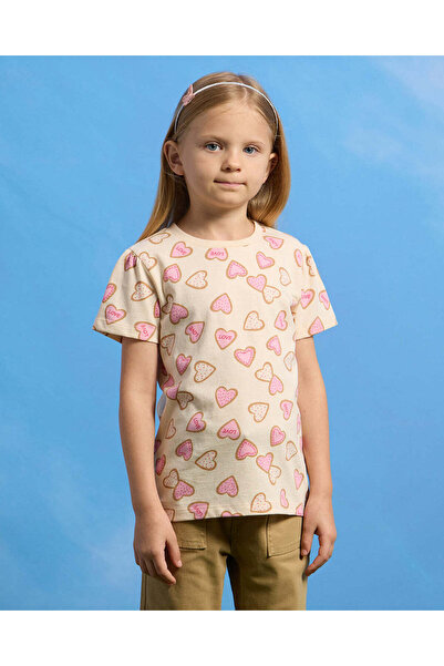 REDTAG Girls Beige Heart Print T-Shirt