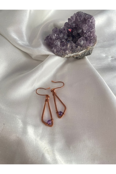 İDE TAKI TASARIMM HAM BAKIRDAN YAPILMIŞ EL YAPIMI DOĞAL TAŞ AMETİST TAŞLI [meditasyon ve kişisel gelişim] KÜPE