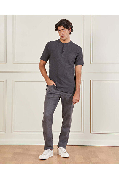 REDTAG Men Charcoal Mandarin Collar T-Shirt