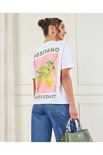 REDTAG تي شيرت نسائي أبيض مطبوع قصة فضفاضة