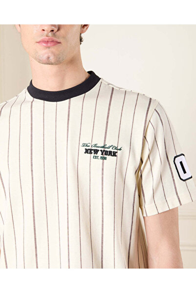 REDTAG Men Cream Baseball Striped T-Shirt