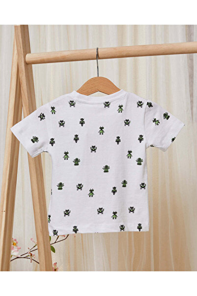 REDTAG Infant Boys White Robot Print T-Shirt