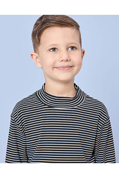 REDTAG Boys Black Striped Turtleneck T-Shirt