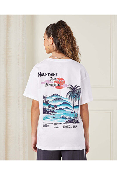 REDTAG Senior Girls White Printed Oversize T-shirt