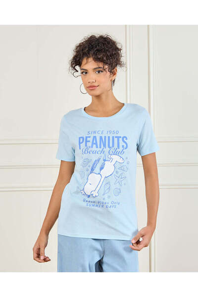 REDTAG تي شيرت نسائي أزرق مطبوع صورة الفول السوداني