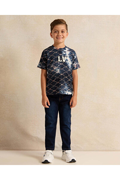 REDTAG Boys Navy Acid Wash Printed T-Shirt