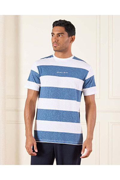 REDTAG Men White And Blue Striped T-Shirt