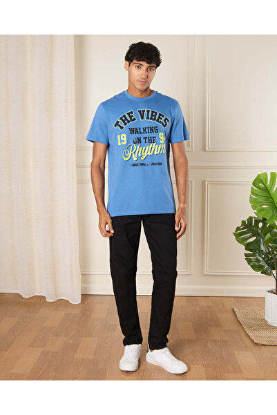REDTAG Men Blue The Vibes Print T-Shirt
