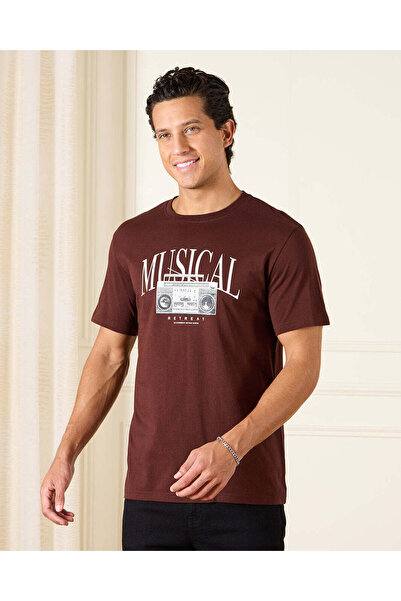REDTAG Men Burgundy Basic Graphic T-Shirt