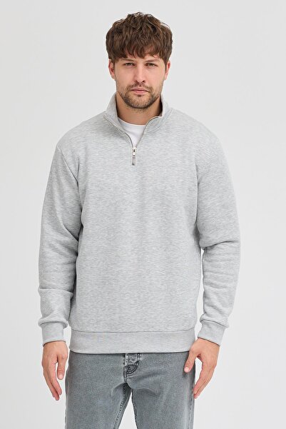 Polo State Unisex Regular Fit Comfortable Cut Cotton Fleece Inside Half Zipper Gray Mock Neck Sweatshirt