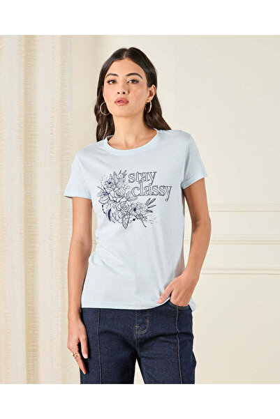 REDTAG Women Blue Printed T-Shirt