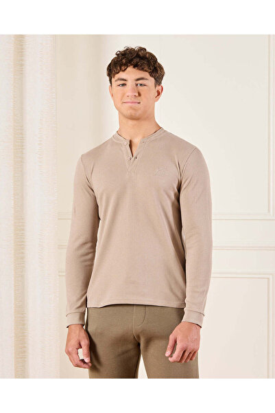 REDTAG Senior Boys Beige Long Sleeve Henley T-Shirt