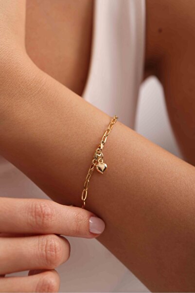 Giza Jewelry 14 Ayar Altın Kalp Charm Sallantılı Std Ataş Bileklik