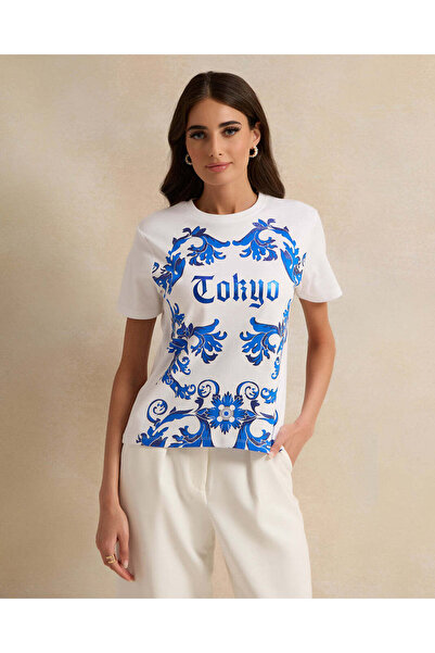 REDTAG Women White And Blue Round Neck Printed T-Shirt