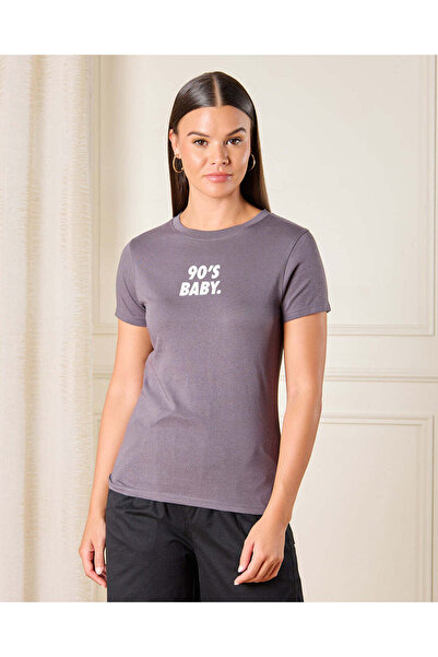 REDTAG تي شيرت نسائي رمادي مطبوع صورة طفل التسعينيات