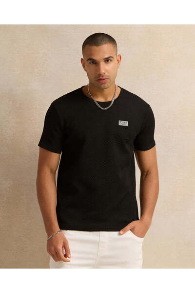 REDTAG Men Black Jacquard T-Shirt