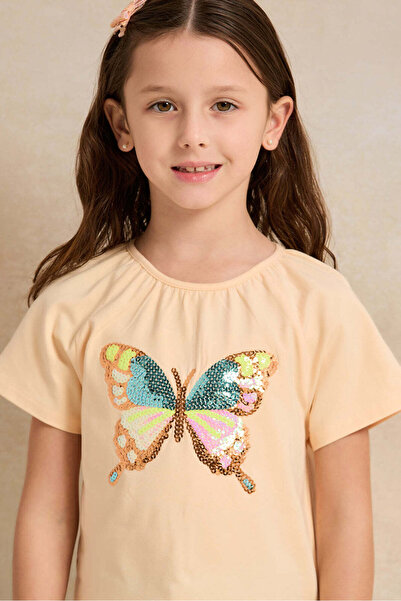 REDTAG Girls Orange Butterfly Printed Embellished T-shirt