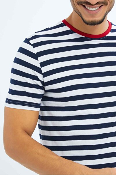 REDTAG Men White And Navy Striped T-Shirt