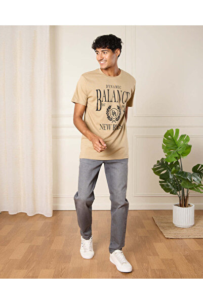 REDTAG Men Beige Dynamic Balance T-Shirt
