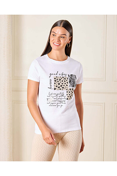 REDTAG Women Whtie Good Vibes Printed T-Shirt