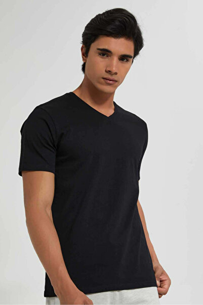 REDTAG Black V-Neck Regular Fit T-Shirt