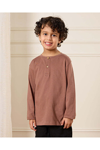 REDTAG Boys Brown Long Sleeve Henley T-Shirt