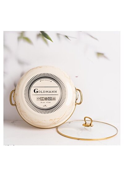 goldmann enameled shallow pot, 28x8.5cm, 4.5 L, gold-titanium handles, glass lid, induction, beige