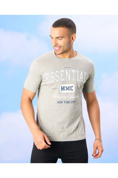 REDTAG Men Grey Basic Graphic T-shirt